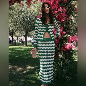 MISA Green and Cream Wave Knit Skirt Set M SKIRT S SWEATER NWT